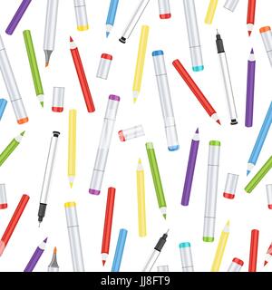 Markers, liners, handles capillary and colored pencils seamless pattern, art background. Vector multicolored art supplies on white backdrop Stock Vector