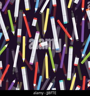 Markers, liners, handles capillary and colored pencils seamless pattern, art background. Vector multicolored art supplies on purple backdrop Stock Vector
