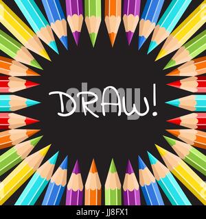 Frame of colored pencils on black background. Pencils of rainbow colors. For design postcard, banner, cover, flyer, poster, artwork image. Realistic v Stock Vector