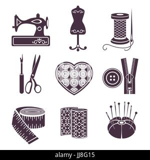 Set of vector icons sewing tools. Purple sewing supplies isolated on white background Stock Vector