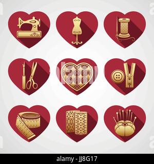 Set of vector icons sewing tools. Gold sewing supplies in a frame in the shape of a red heart with the beveled shadow Stock Vector