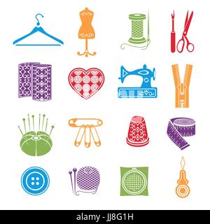 Set of vector icons sewing tools. Multicolored sewing supplies isolated on white background Stock Vector