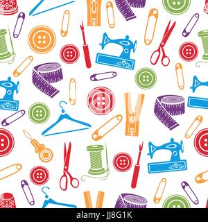 Sewing tools seamless pattern, vector background. Multicolored sewing supplies on white background. For wallpaper design, fabric, wrapper, prints, dec Stock Vector