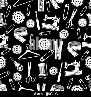 Sewing tools seamless pattern, vector background. White sewing supplies on black background. For wallpaper design, fabric, wrapper, prints, decoration Stock Vector
