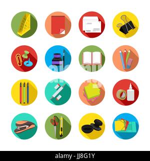 Stationery set of vector icons. Multicolor office tools in a round frame with a beveled shadow, isolated Stock Vector