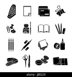 Stationery set of vector icons. Black flat office tools isolated on white background Stock Vector