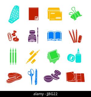 Stationery set of vector icons. Colorful flat office tools isolated Stock Vector