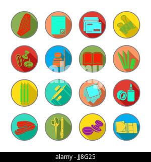 Stationery set of vector flat icons. Multicolor office tools in a round frame with a beveled shadow, isolated Stock Vector