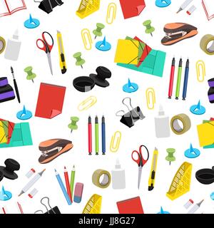 Stationery seamless pattern, vector background. Multicolor office tools on a white backdrop. For wallpaper design, wrappers, fabric Stock Vector