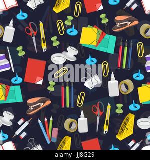 Stationery seamless pattern, vector background. Multicolor office tools on a dark blue backdrop. For wallpaper design, wrappers, fabric Stock Vector