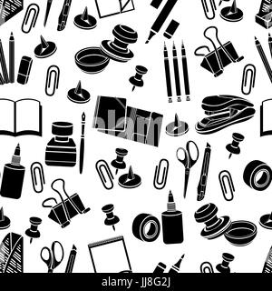 Stationery seamless pattern, vector black and white background, monochrome illustration. Black office tools on a white backdrop. For wallpaper design, wrappers, fabric Stock Vector