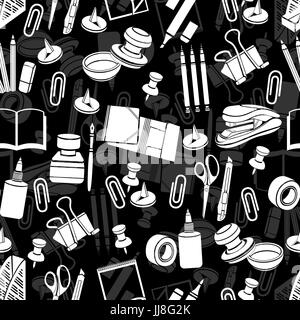 Stationery seamless pattern, vector black and white background, monochrome illustration. White office tools on a black backdrop. For wallpaper design, wrappers, fabric Stock Vector