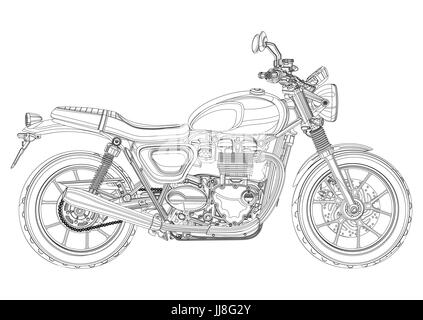 Motorcycle vector, monochrome, black and white sketch, coloring book. Black outline drawing motorbike half-face with many details Stock Vector