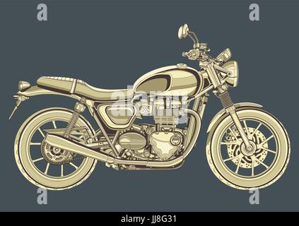 Motorcycle vector, vintage drawing. Yellow motorbike half-face with many details on a gray blue background Stock Vector