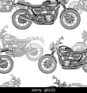 Motorcycle seamless pattern, vector background. Monochrome illustration. Black and white motorcycles with many details on a white background. For wallpaper design, fabric, wrappers Stock Vector