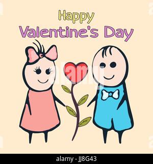 Happy Valentine's Day card, banner, poster, love confession. Cartoon painted lovers boy and girl with a flower bud of the heart. Hand drawing. Vector illustration in children'  style Stock Vector