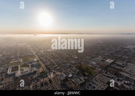 Los Angeles County smog and fog aerial view towards Rosecrans Ave in Hawthorne and Lawndale. Stock Photo