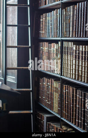 Sliding ladder in the long room library in Trinity College, Dublin Ireland. Book of Kells Stock Photo