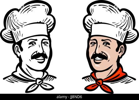 Portrait of joyful chef or baker, logo. Label or icon for design menu restaurant or cafe. Vector illustration Stock Vector