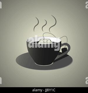 Black cup of tea with teabag icon, flat design in black and white colors Stock Vector
