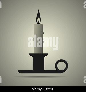 Candle and candlestick on holder flat style icon in black and white colors, isolated Stock Vector