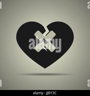 Broken heart icon with two patches, flat design, black and white colors Stock Vector
