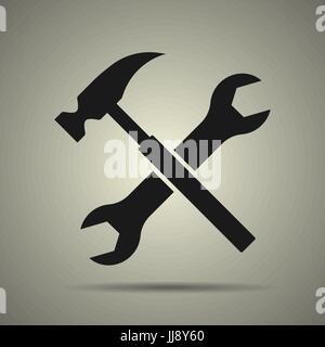 Hammer and spanner, tools icon in flst black and white style, isolated Stock Vector