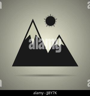mountains with sun icon, black and white style, isolated Stock Vector