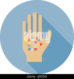 Pills on the hand in flat design Stock Vector