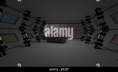 Spaceship interior with relax sofa view on space and distant planets system 3D illustration Stock Photo