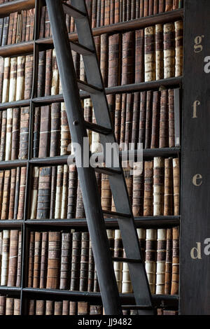 Moving ladder in the Long Room Library, Trinity College, Dublin Ireland. Book of Kells, education concept, learning, knowledge concept Stock Photo