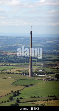 aerial view of Emley Moor Transmitting Station TV Mast, UK Stock Photo