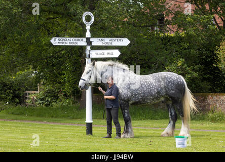 Angela McLaren,Chawton House with her shire horse outside the Jane Austen Museum in Chawton,Hampshire Stock Photo