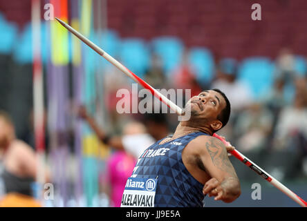 France's Tony Falelavaki in the Men's Javelin Throw F44 Final during day five of the 2017 World Para Athletics Championships at London Stadium. Stock Photo