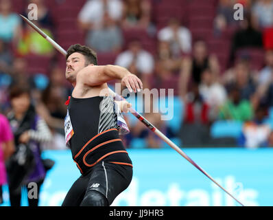 New Zealand's Rory McSweeney in the Men's Javelin Throw F44 Final during day five of the 2017 World Para Athletics Championships at London Stadium. PRESS ASSOCIATION Photo. Picture date: Tuesday July 18, 2017. See PA story ATHLETICS Para. Photo credit should read: Simon Cooper/PA Wire. Stock Photo