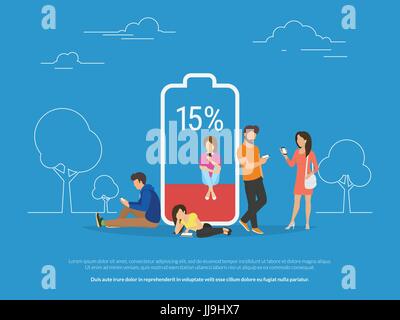 Battery low energy to running in flat cartoon version Stock Vector