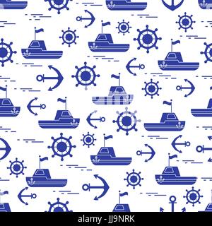 Cute seamless pattern with ships, steering wheels, anchors, flags. Marine theme. Design for poster or print. Stock Vector
