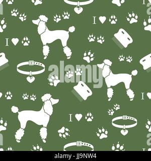Seamless pattern with poodle silhouette, comb, collar, dog tracks and hearts. Design for banner, poster or print. Stock Vector