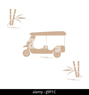 Stylized icon of tuk-tuk and bamboo. Traditional taxi in Thailand, India. Design for banner, poster or print. Stock Vector