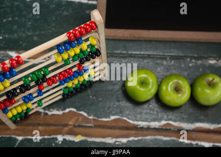 Close-up of abacus and green apples on wooden table Stock Photo