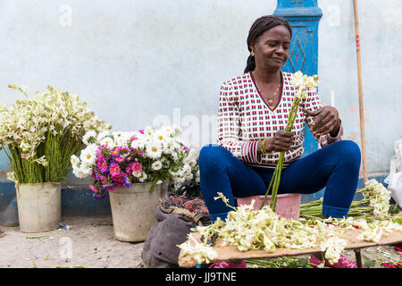A woman puts together a flower arrangement on the streets of Havana, Cuba Stock Photo