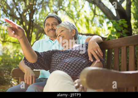 Senior couple pointing to a distance in garden Stock Photo