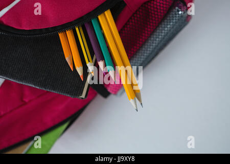 Close-up of various school supplies in schoolbag Stock Photo