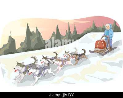 Animal Illustration Featuring a Man Leading a Pack of Sled Dogs Down a Snowy Mountain Stock Photo