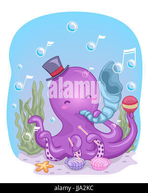 Colorful Underwater Illustration of a Cute Octopus in a Top Hat Using a Conch as a Horn Stock Photo