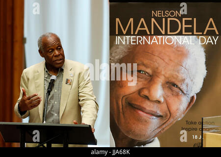 United Nations, Nelson Mandela International Day at the UN headquarters in New York. 18th July, 2017. Danny Glover, American actor and United Nations Children's Fund (UNICEF) Goodwill Ambassador, speaks during a ceremony marking Nelson Mandela International Day at the UN headquarters in New York, on July 18, 2017. Marking Nelson Mandela International Day, UN Secretary-General Antonio Guterres on Tuesday called for actions across the world in promoting peace, sustainable development and lives of dignity for all. Credit: Li Muzi/Xinhua/Alamy Live News Stock Photo