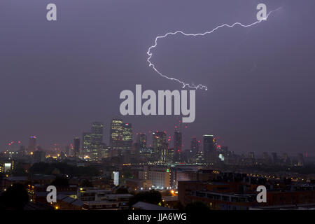 London, UK. 19th July, 2017. UK weather. Thunder Storm and lightning over Canary Wharf London UK. Credit:  Simon Balson/Alamy Live News Stock Photo