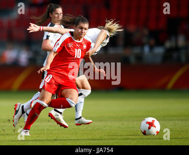 Deventer, Netherlands. 18th July, 2017. Ramona Bachmann (front) of Switzerland is fouled by Virginia Kirchberger of Austria during a UEFA Women's EURO 2017 soccer tournament Group C match between Austria and Switzerland at the Adelaarshorst Stadium in Deventer, the Netherlands, July 18, 2017. The Austrians won the game 1-0. Credit: Ye Pingfan/Xinhua/Alamy Live News Stock Photo