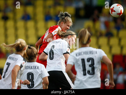 Deventer, Netherlands. 18th July, 2017. Rahel Kiwic (top) of Switzerland competes during a UEFA Women's EURO 2017 soccer tournament Group C match between Austria and Switzerland at the Adelaarshorst Stadium in Deventer, the Netherlands, July 18, 2017. The Austrians won the game 1-0. Credit: Ye Pingfan/Xinhua/Alamy Live News Stock Photo