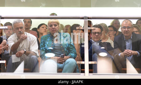 Munich, Germany. 19th July, 2017. Politicians from Die Politiker Buendnis 90/Die Gruenen Volker Beck (r-l), Konstantin von Notz and Claudia Roth sitting in the gallery of the court room at the Oberlandesgericht (Higher Regional Court) in Munich, Germany, 19 July 2017. The trial in the case of the murders and terrorist attacks by the 'Nationalsozialistischer Untergrund' (NSU) group continues. Photo: Andreas Gebert/dpa Pool/dpa/Alamy Live News Stock Photo
